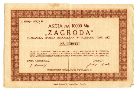 Poznańska Spółka Budowlana w Poznaniu Tow. Akc. 1923r - Akcja na 1000 Mk 