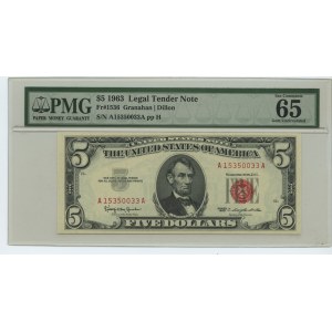 USA - 5 Dolarów 1963 - PMG 65 EPQ - ser. A15350033A