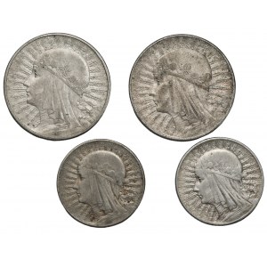 5 i 10 złotych (1932-1934) Głowa Kobiety - Zestaw 4 sztuk monet