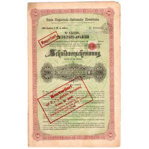 AUSTRIA, Wiedeń -Pierwsza Węgiersko-Galicyjska Kolej Żelazna - Obligacja 200 guldenów przekonwertowana na 400 koron 1912