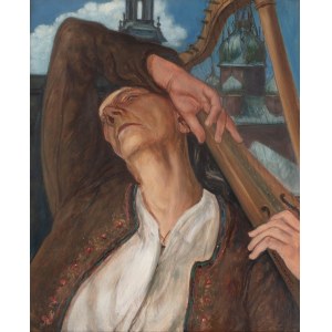 Wlastimil Hofman (1881 Praha - 1970 Szklarska Poreba), Žena s harfou, křídlo triptychu: Żem był jak pielgrzym..., 1954.