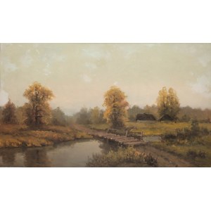 Wiktor Korecki (1890 Kamieniec Podolski - 1980 Milanówek), Landschaft mit einem Fluss und einer Brücke