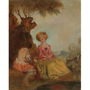 FLÖTE SPIELENDE DAME MIT TONER von Watteau, um 1900, französischer Maler