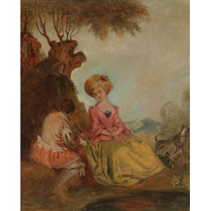 LADY WITH A COWARD PLAYING ON A FLUTE by Watteau, ca. 1900, French painter