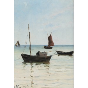 Marceli Harasimowicz (1859 Warsaw - 1935 Lviv), Boats on the shore in Jastarnia, 1926.
