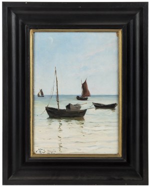 Marceli Harasimowicz (1859 Warszawa - 1935 Lwów), Łodzie na brzegu w Jastarni, 1926 r.
