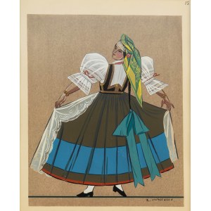 Zofia Stryjeńska (1891 Kraków - 1976 Genf), Kostüm einer Bäuerin aus der Region Żywiec, Blatt XV aus der Mappe Polnische Bauerntrachten, 1939.
