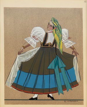 Zofia Stryjeńska (1891 Kraków - 1976 Genewa), Strój chłopki z żywiecczyzny, plansza XV z teki „Polish Peasants Costumes”, 1939 r.