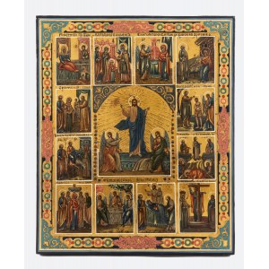 Ikone - Die Auferstehung Christi und die 12 Feste der orthodoxen Kirche (Prazdnik), Russland, zweite Hälfte des 19. Jahrhunderts.