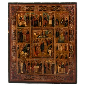 Ikone - Die Auferstehung und die 12 großen Feste der orthodoxen Kirche, Russland, zweite Hälfte des 19. Jahrhunderts.