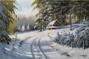 Marek Szczepaniak (ur.1964), Stary domek w zimowym lesie, 2019