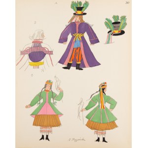 Zofia Stryjeńska (1891 Kraków - 1976 Genewa), Chłopi z Kujawskiego, plansza XXX z teki 'Polish Peasants' Costumes', 1939