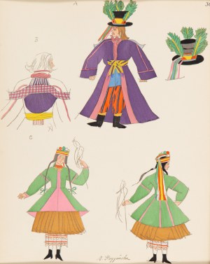Zofia Stryjeńska (1891 Kraków - 1976 Genewa), Chłopi z Kujawskiego, plansza XXX z teki 'Polish Peasants' Costumes', 1939