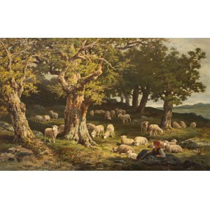 Charles Ferdinand Ceramano (1829/31 Tielt - 1909 Barbizon), Shepherdess with her flock at the edge of the forest near Fontainebleau