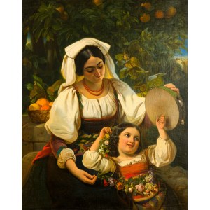 Johann Grund (1808 Vienna - 1887 Baden-Baden), Mother and daughter in traditional costume of the Albanian mountains under an orange tree