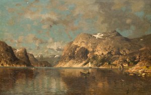 Adelsteen Normann (1848 Bodö - 1918 Oslo), Norwegian fjord landscape with boats