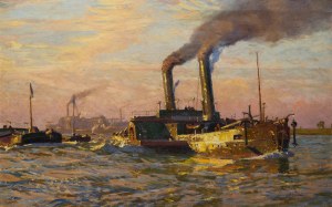 Cornelius Wagner (1870 Dresden - 1956 Söcking), Evening on the Rhine with a tugboat
