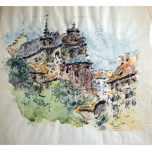 Aquarell. Tadeusz Cieślewski, Vater. Die St.-Anna-Kirche und ein Mietshaus in der Mariensztat-Straße, vor 1944.