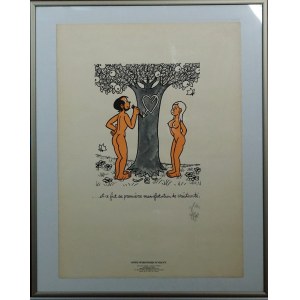 Adam a Eva (první projev tvořivosti). Litografie. Jean Effel, 50.-60. léta 20. století.