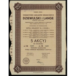 Polska, 5 akcji po 250 złotych = 1.250 złotych, 1937, Warszawa