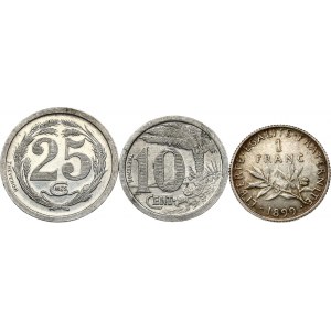 1 Franc 1899 & Tokens 10 & 25 Cents 1921 Lot of 3 pcs