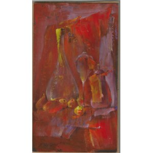 Mariusz Konczalski, Stilleben in Rot mit Karaffe und Äpfeln