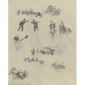 Stanislaw KAMOCKI (1875-1944), Sketches of silhouettes of Russian soldiers(?), artillery fleet, sketches of skirmish, forest fragment 1894(?)