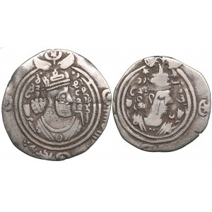 AR Drachm (2) l - Arab-Sasanian, Muqâtil ibn Misma', 72 AH (AD 691-692), Mint signature BYSh (Bishapur). Clipped.; r - S