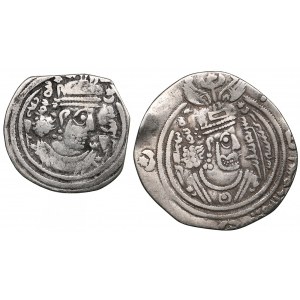AR Drachm (2) l - Sasanian Kingdom, Khusrau II (AD 591-628). Clipped. Mint signature MY, regnal year 28; r - Arab-Sasan