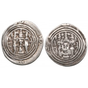 Sasanian Kingdom AR Drachm (2) Khusrau II (AD 591-628). Clipped. l - mint signature GD, regnal year 5; r - mint signatur