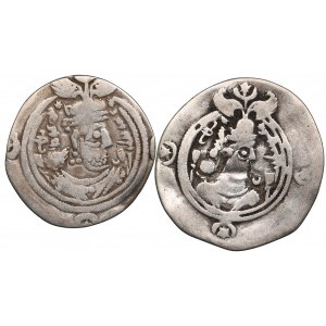 Sasanian Kingdom AR Drachm (2) Khusrau II (AD 591-628). Clipped. l - mint signature WYHC, regnal year 35; r - mint signa