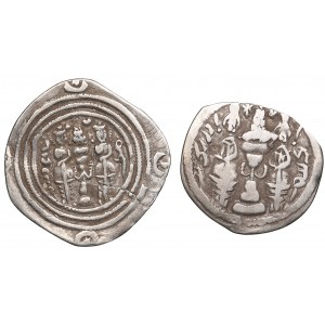 Sasanian Kingdom AR Drachm (2) l - Khusrau II (AD 591-628). Clipped. Mint signature ML, regnal year 35; r - Hormizd IV (