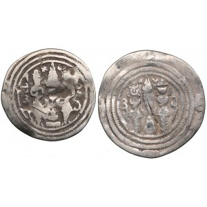 Sasanian Kingdom AR Drachm (2) Khusrau II (AD 591-628). Clipped. l - Mint signature WYHC (?), regnal year 12. r - mint s