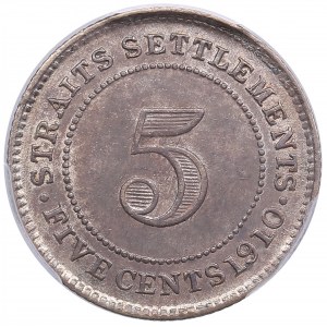 Straits Settlements 5 Cents 1910 B - PCGS AU58