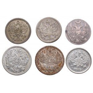 Small lot of coins: Russia 10 Kopecks 1833, 1882, 1887, 1891 & 15 Kopecks 1869, 1870 (6)
