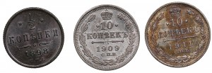 Small lot of coins: Russia 10 Kopecks 1909, 1911 & 1/2 Kopeck 1898 (3)