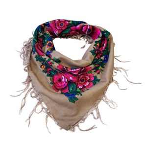 Echarpe marron avec fleurs folkloriques roses