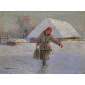 Wiktor KORECKI (1890-1980), „Zimowy pejzaż z dziewczyną niosącą wodę”
