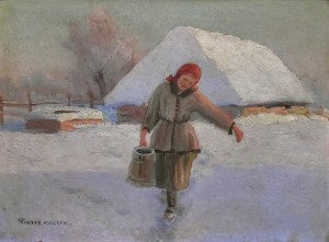 Wiktor KORECKI (1890-1980), „Zimowy pejzaż z dziewczyną niosącą wodę”
