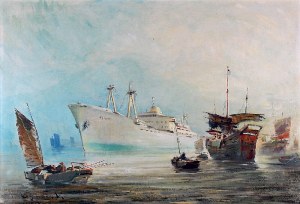 Henryk BARANOWSKI (1932-2005), Dziesięciotysięcznik m/s Pekin wchodzi do portu chińskiego, ok. 1965