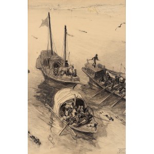 Adam STYKA (1890-1959), Przeprawa łodziami do Omdurmanu z cyklu ilustracji do powieści H. Sienkiewicza W pustyni i w puszczy
