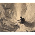 Adam STYKA (1890-1959), Zbliżanie się Stasia do namiotu Lindego z cyklu ilustracji do powieści H. Sienkiewicza W pustyni i w puszczy