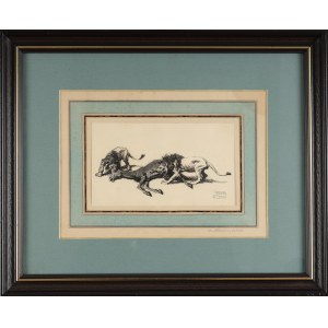 Adam STYKA (1890-1959), Dwa lwy żrą konia z cyklu ilustracji do powieści H. Sienkiewicza W pustyni i w puszczy