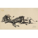 Adam STYKA (1890-1959), Dva lvi žvýkají koně z cyklu ilustrací k románu H. Sienkiewicze V poušti a divočině.