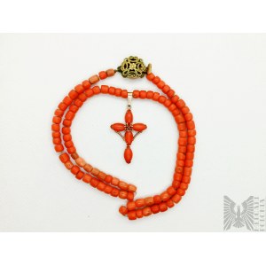 Coral necklace with gold cross - gold 583