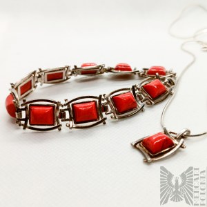 Silver set with coral: bracelet and necklace - 925 silver, Italy