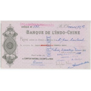 China Banque de l'Indo-Chine Cheque for 70 Francs Peking Beijing Agency 1923