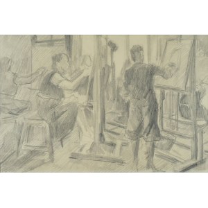 Stanisław KAMOCKI (1875-1944), Im Atelier - Zeichenunterricht, Schüler an der Staffelei, III 1941(?)