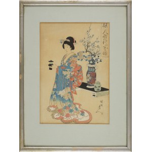 Yōshū Chikanobu, Strojnie ubrana kobieta serwująca herbatę