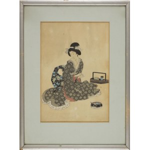 Yōshū Chikanobu, Młoda kobieta przy nosidle na utensylia do herbaty i pojemniku z zakąskami